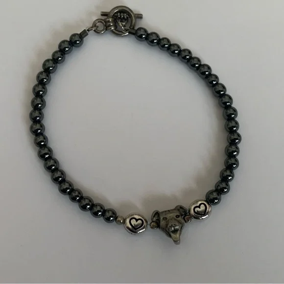 Two Hearts Dog Hematite Bracelet - Picture 1 of 6